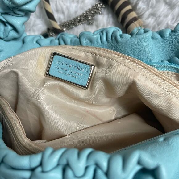 Cromia leather Blue shoulder bag Khaki & brown accent silver tone chain charms - Picture 15 of 16